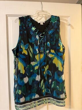 Christopher & Banks Blue, Green & Yellow Patterned Lace-Up Camisole